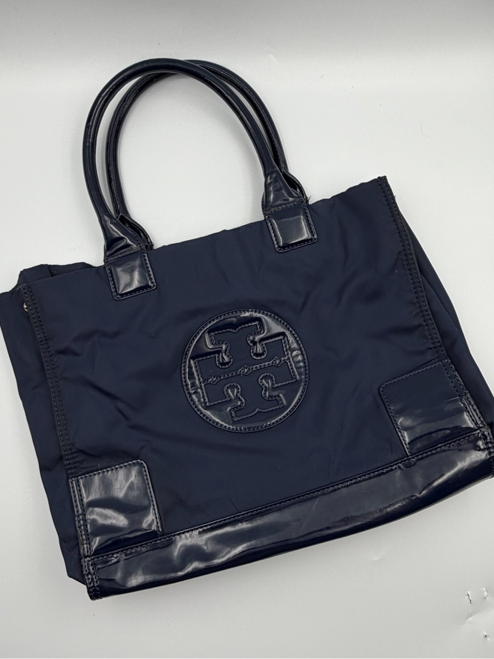 Tory Burch Navy Blue Small Ella Patent Nylon Tote Bag
